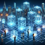 Create an image depicting the role of blockchain technology in cryptocurrency. Visualize a sleek, futuristic cityscape with interconnected digital blocks forming a chain that flows through the city like a network. Each block contains cryptographic codes and currency symbols, illustrating their secure and transparent nature. Show diverse people engaging with the blocks using smartphones and computers, representing decentralization and participation. Blend elements of technology and finance seamlessly in the aesthetic.