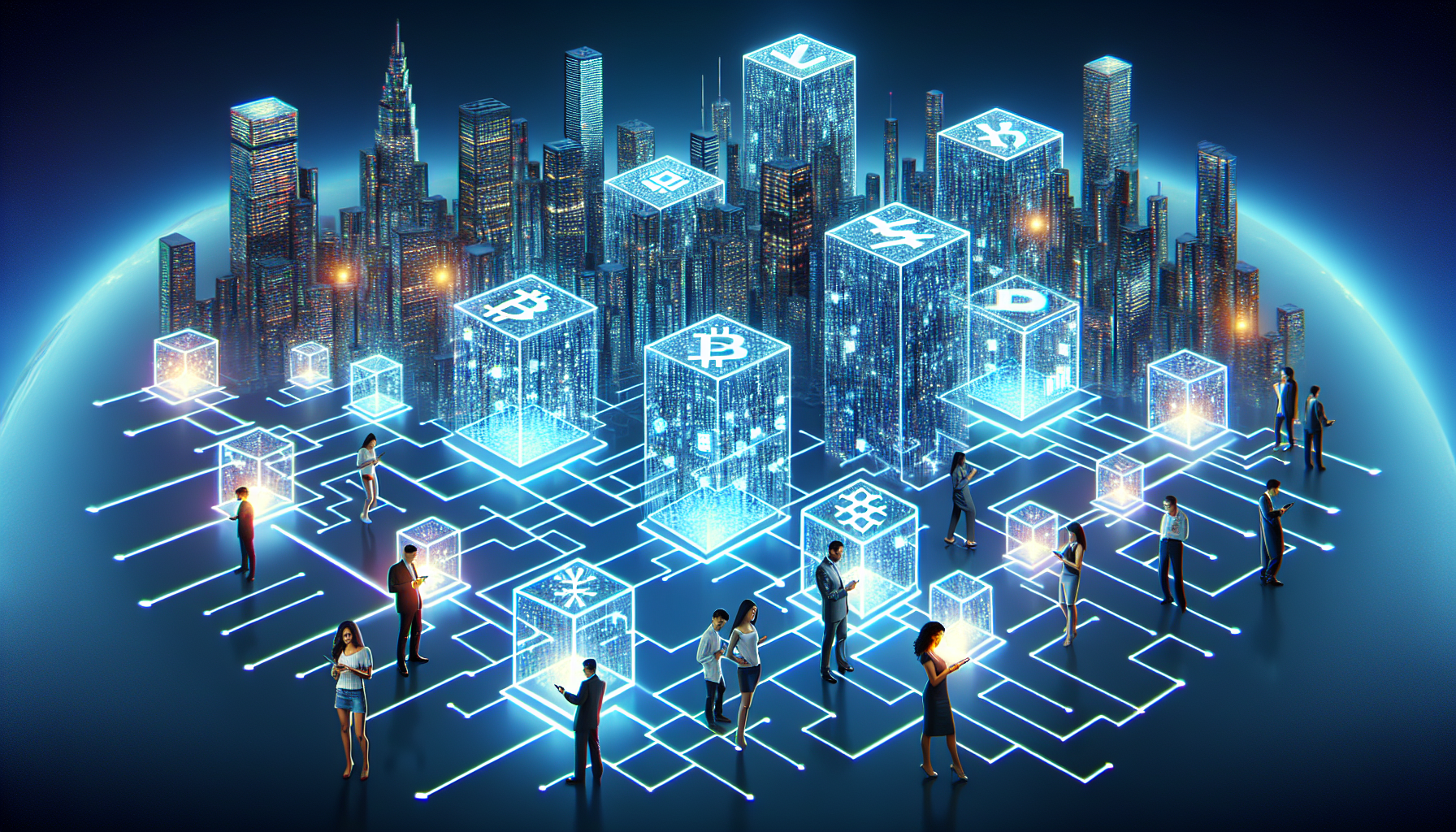 Create an image depicting the role of blockchain technology in cryptocurrency. Visualize a sleek, futuristic cityscape with interconnected digital blocks forming a chain that flows through the city like a network. Each block contains cryptographic codes and currency symbols, illustrating their secure and transparent nature. Show diverse people engaging with the blocks using smartphones and computers, representing decentralization and participation. Blend elements of technology and finance seamlessly in the aesthetic.