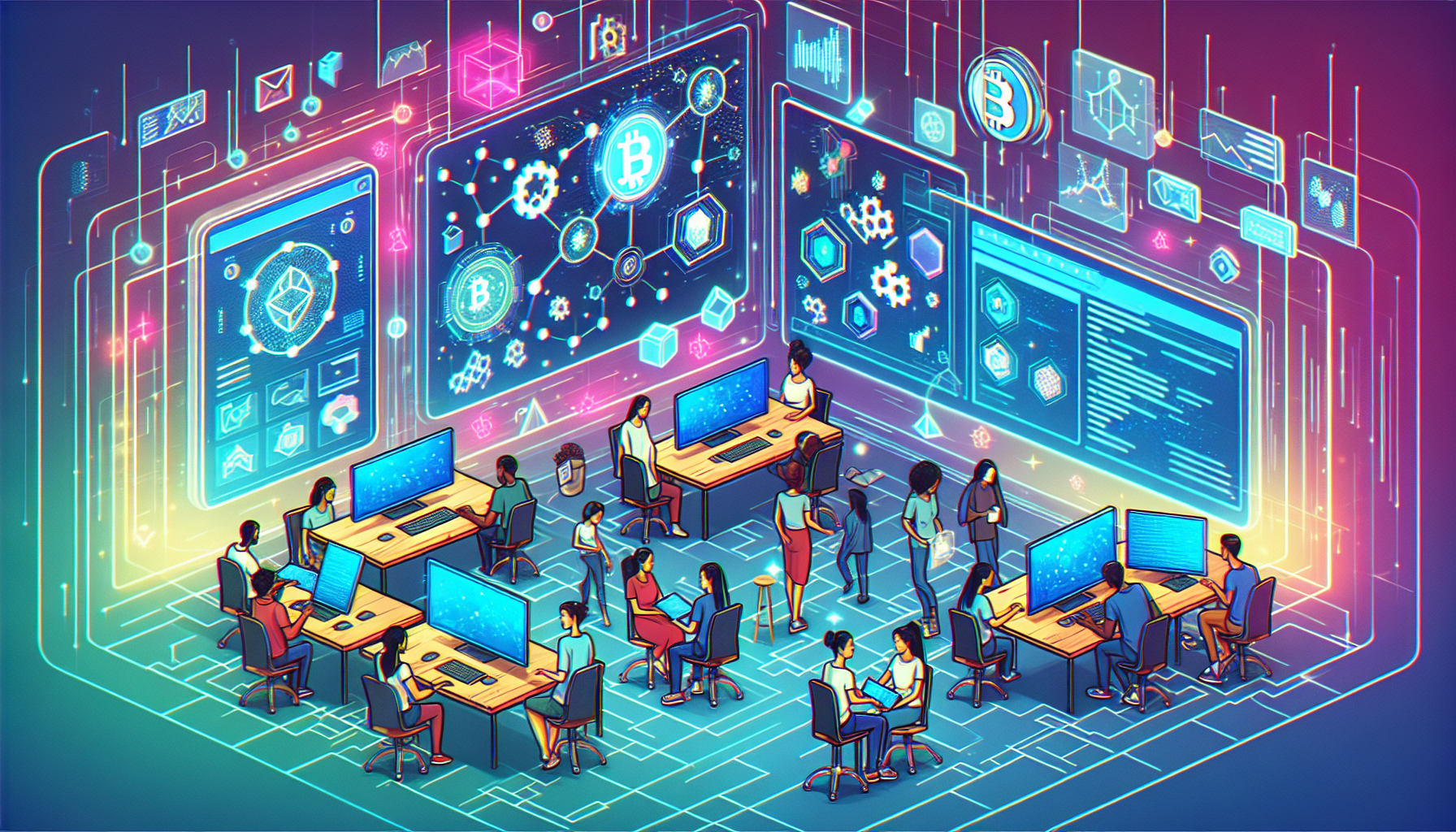 Create an image featuring a futuristic digital workspace where developers use blockchain development software. Include elements such as holographic screens displaying blockchain networks, code snippets, and digital assets like bitcoins or smart contracts. Make sure the environment looks high-tech and collaborative, with diverse developers working together seamlessly. Highlight logos or icons of popular blockchain development tools subtly integrated into the scene.