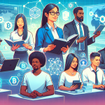 Create an image depicting a diverse group of people engaged in various activities related to learning blockchain for free. Include elements like individuals reading blockchain books, attending virtual seminars on a laptop, coding on computers, participating in online group discussions, and watching educational videos on tablets. Surround these activities with modern tech symbols and blockchain icons like hexagons and chains interlinked. The setting should be a futuristic, digital classroom with floating holographic screens displaying blockchain information.