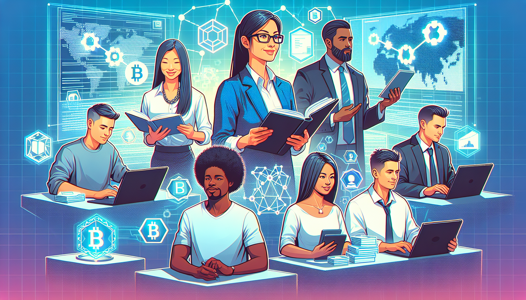 Create an image depicting a diverse group of people engaged in various activities related to learning blockchain for free. Include elements like individuals reading blockchain books, attending virtual seminars on a laptop, coding on computers, participating in online group discussions, and watching educational videos on tablets. Surround these activities with modern tech symbols and blockchain icons like hexagons and chains interlinked. The setting should be a futuristic, digital classroom with floating holographic screens displaying blockchain information.