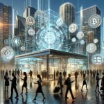 Create a futuristic scene of a bustling cityscape where traditional banks are seamlessly integrated with high-tech blockchain technology. Show buildings adorned with digital signage and holograms depicting cryptocurrency symbols. Include diverse people using mobile devices to make transactions, and a modern bank with transparent walls displaying blockchain networks in action. Highlight the interplay between classic financial elements and cutting-edge blockchain features to depict the transformation in banking.