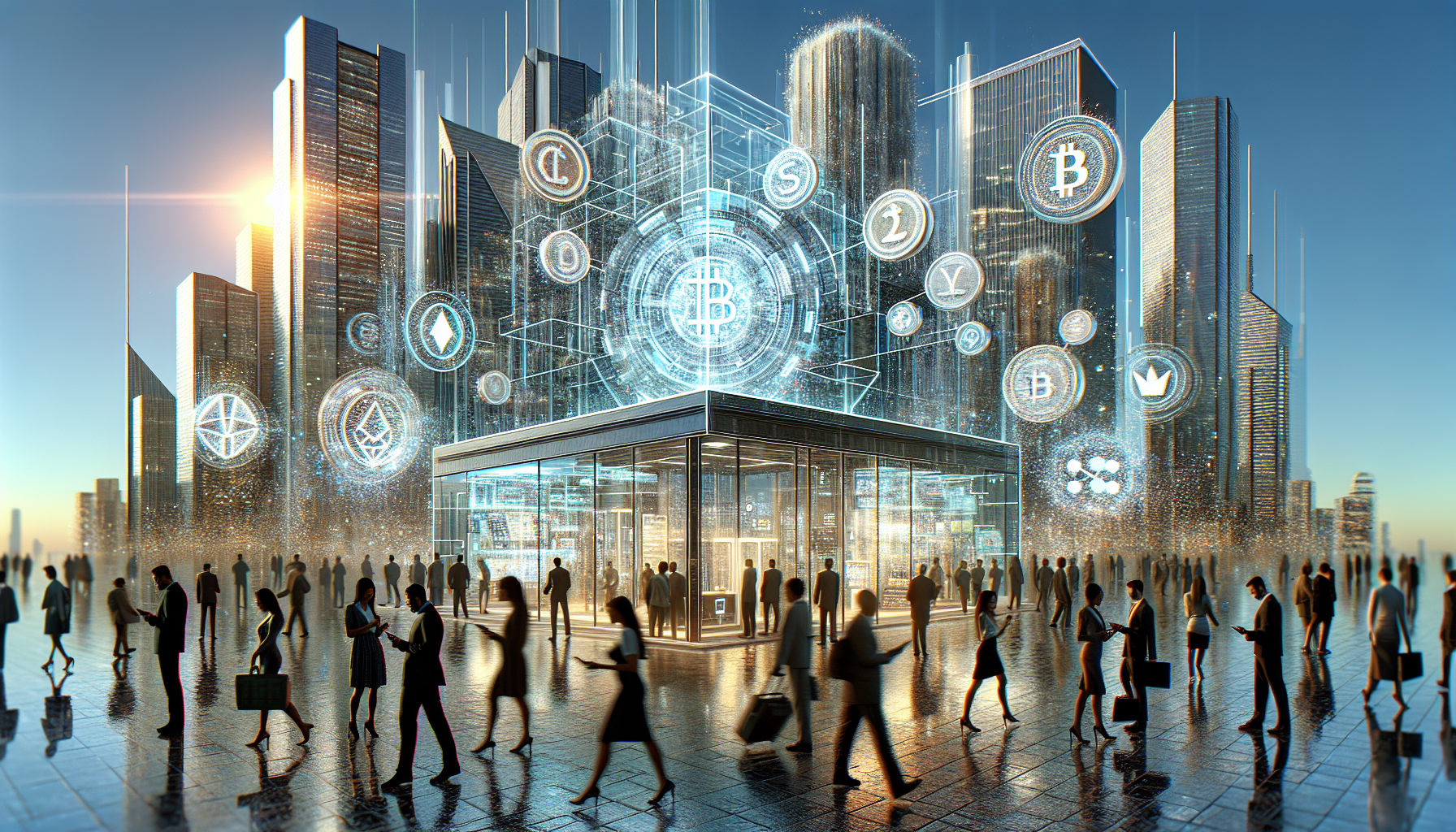 Create a futuristic scene of a bustling cityscape where traditional banks are seamlessly integrated with high-tech blockchain technology. Show buildings adorned with digital signage and holograms depicting cryptocurrency symbols. Include diverse people using mobile devices to make transactions, and a modern bank with transparent walls displaying blockchain networks in action. Highlight the interplay between classic financial elements and cutting-edge blockchain features to depict the transformation in banking.