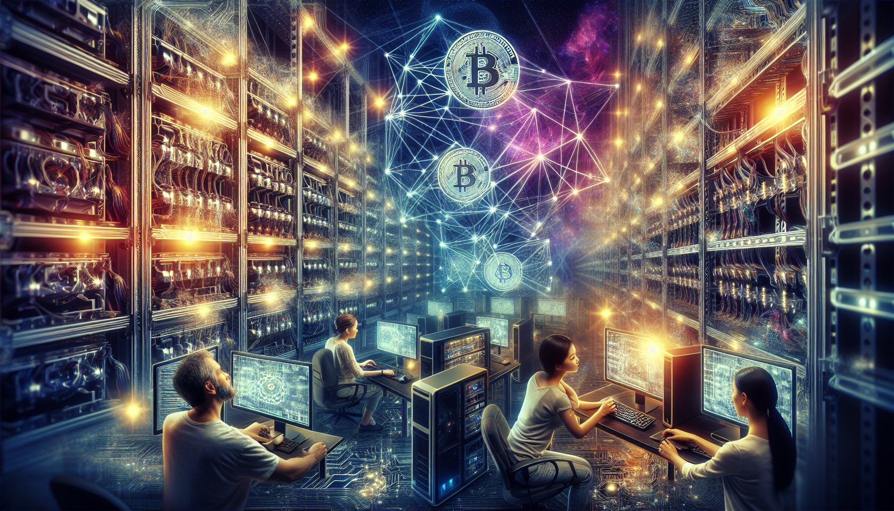 An intricate, futuristic depiction of a blockchain mining operation: a network of interconnected computers with glowing nodes, miners working with advanced hardware setups, digital coins floating in a transparent web of data, and vibrant, holographic charts showcasing the mining process. The background features a blend of digital code and urban tech architecture.