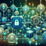 Create an image that visually represents the concepts of blockchain technology and cryptocurrency. The scene could include interconnected digital blocks forming a chain, symbolizing blockchain, with various cryptocurrencies like Bitcoin, Ethereum, and others floating around. Include elements like secure digital locks, network nodes, and data clusters to highlight the technology’s security and decentralized nature. Use a modern, tech-inspired color palette with blue and green tones to convey a futuristic and sophisticated vibe.