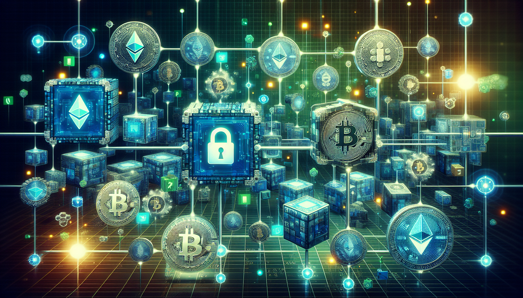 Create an image that visually represents the concepts of blockchain technology and cryptocurrency. The scene could include interconnected digital blocks forming a chain, symbolizing blockchain, with various cryptocurrencies like Bitcoin, Ethereum, and others floating around. Include elements like secure digital locks, network nodes, and data clusters to highlight the technology’s security and decentralized nature. Use a modern, tech-inspired color palette with blue and green tones to convey a futuristic and sophisticated vibe.