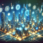 Create an image of a digital city built with interconnected blockchain ledgers forming the buildings and infrastructure. Show diverse, futuristic coins and tokens floating around, representing various blockchain currencies. Include holographic graphs and charts displaying rising trends, symbolizing the growth and acceptance of blockchain currency. Everything should have a sleek, high-tech, and modern aesthetic.