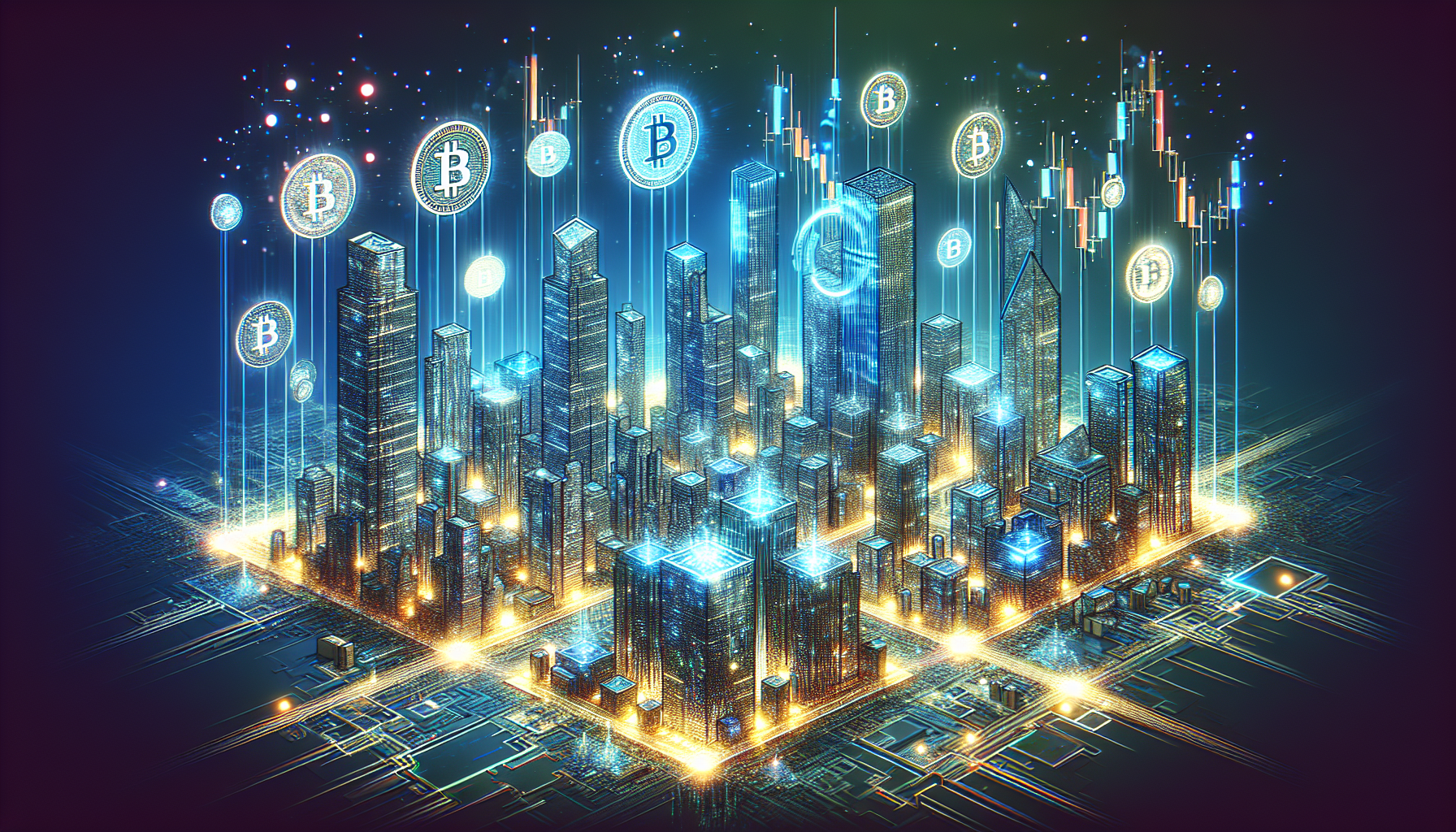 Create an image of a digital city built with interconnected blockchain ledgers forming the buildings and infrastructure. Show diverse, futuristic coins and tokens floating around, representing various blockchain currencies. Include holographic graphs and charts displaying rising trends, symbolizing the growth and acceptance of blockchain currency. Everything should have a sleek, high-tech, and modern aesthetic.