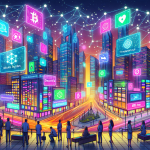 Create an image showcasing a futuristic cityscape with digital billboards, each featuring distinctive blockchain domain names. In the foreground, individuals are interacting with holographic interfaces displaying secure transactions, decentralized applications, and domain marketplaces. The scene should have a high-tech, vibrant atmosphere, with interconnected nodes and blockchain symbols subtly incorporated into the architecture, emphasizing the blend of technology and everyday life.