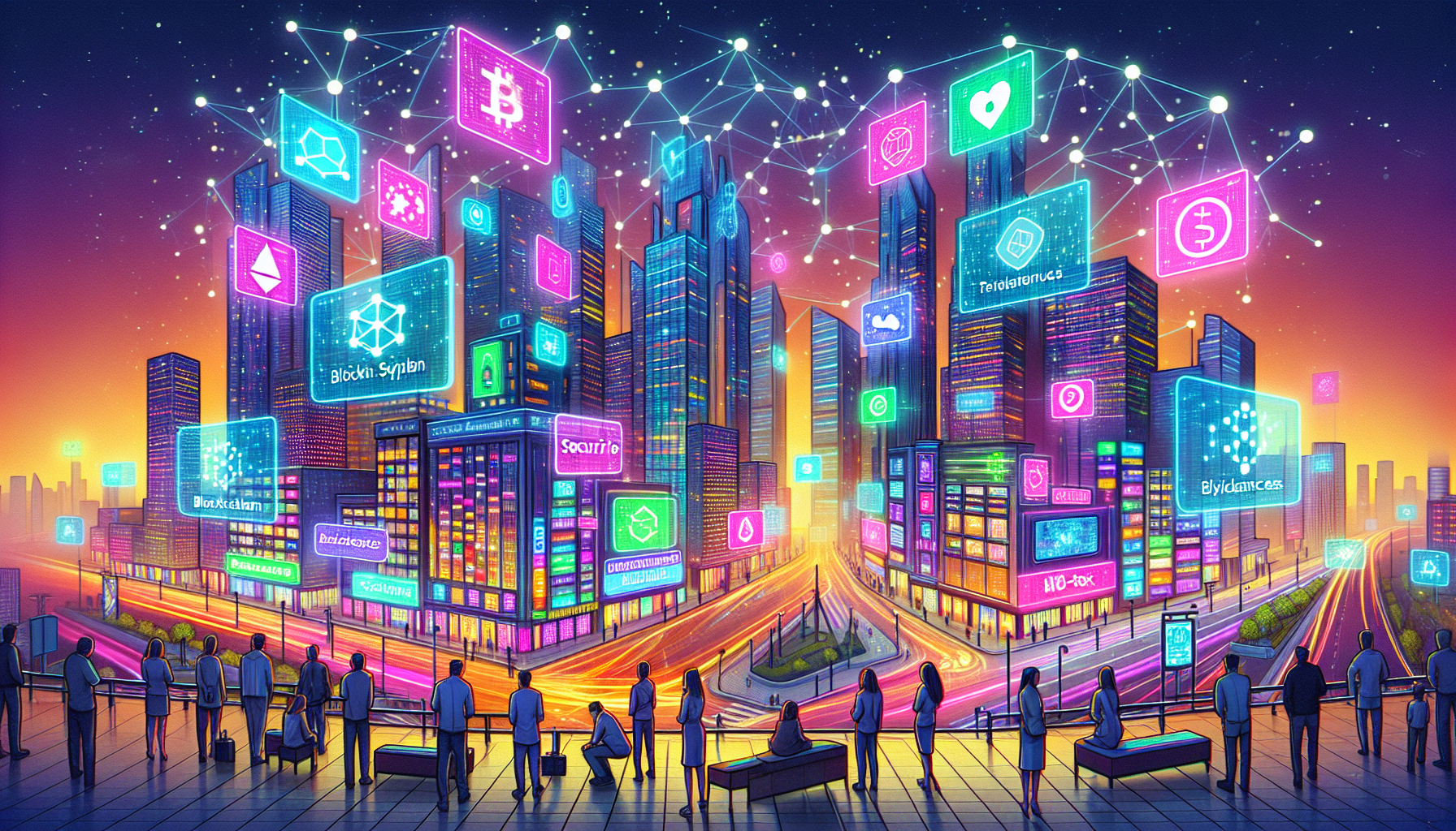 Create an image showcasing a futuristic cityscape with digital billboards, each featuring distinctive blockchain domain names. In the foreground, individuals are interacting with holographic interfaces displaying secure transactions, decentralized applications, and domain marketplaces. The scene should have a high-tech, vibrant atmosphere, with interconnected nodes and blockchain symbols subtly incorporated into the architecture, emphasizing the blend of technology and everyday life.