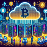 Create an image that illustrates the concept of cloud-based cryptocurrency mining. Include elements such as a vast digital cloud, servers, cryptocurrency symbols like Bitcoin and Ethereum, and a person or team managing the mining operations remotely using laptops and tablets. Incorporate futuristic and technological aesthetics to emphasize the innovation and potential of cloud-based crypto mining.