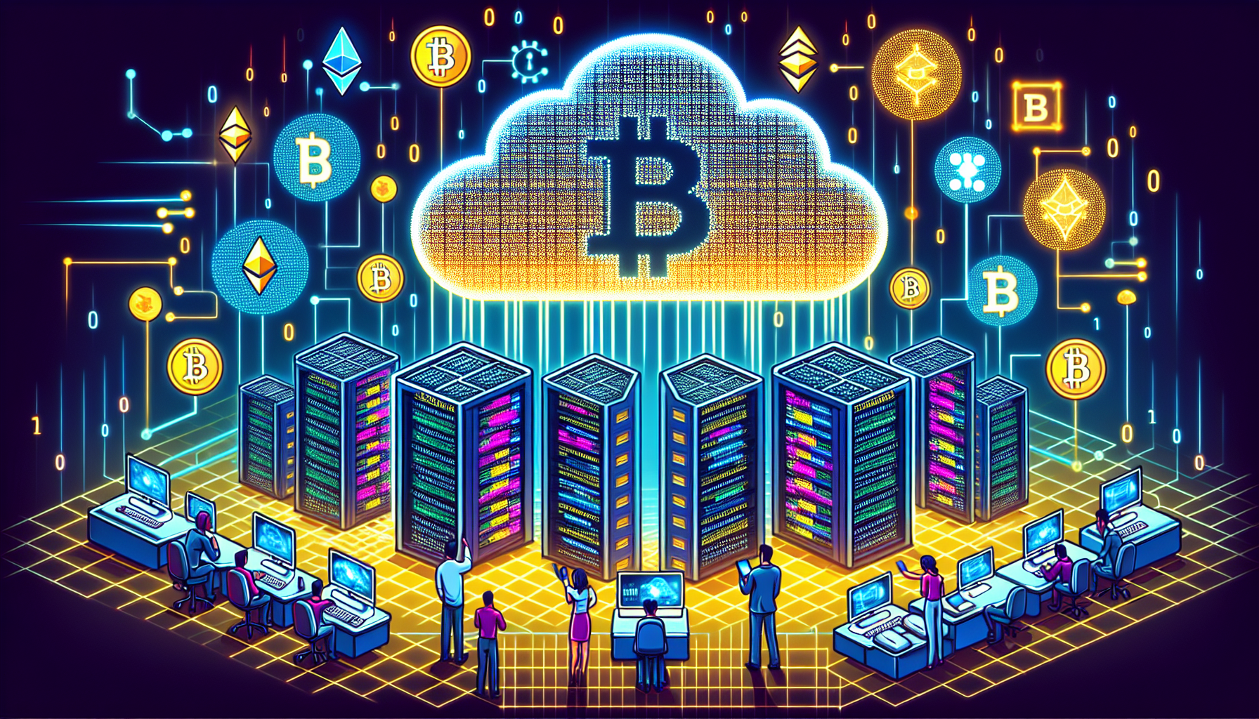 Create an image that illustrates the concept of cloud-based cryptocurrency mining. Include elements such as a vast digital cloud, servers, cryptocurrency symbols like Bitcoin and Ethereum, and a person or team managing the mining operations remotely using laptops and tablets. Incorporate futuristic and technological aesthetics to emphasize the innovation and potential of cloud-based crypto mining.