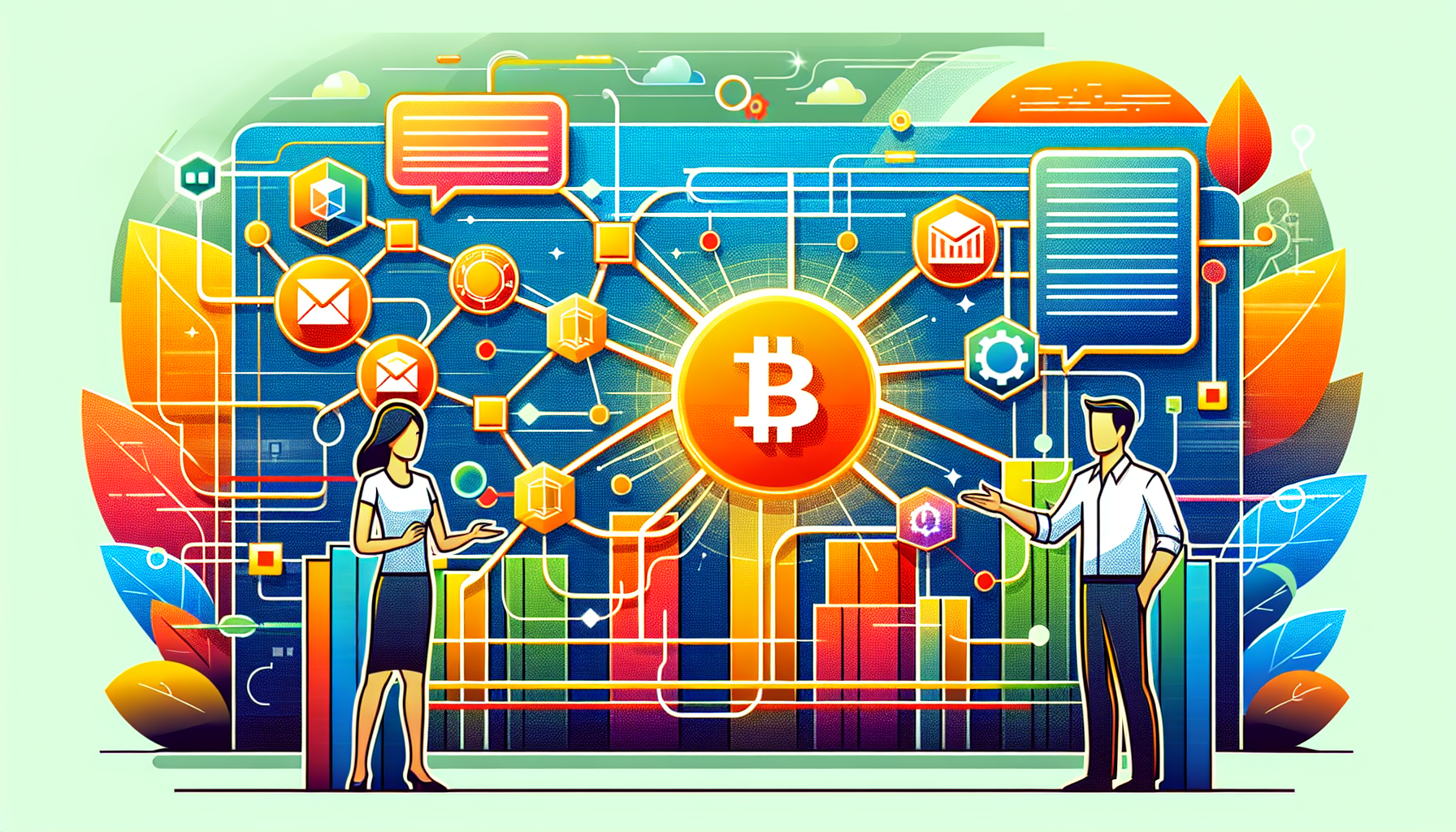 Create an image that captures the essence of a beginner-friendly introduction to blockchain technology. The scene should include simplified visual elements like interconnected digital blocks forming a chain, a reassuring guide character explaining the basics, and a futuristic backdrop symbolizing the innovative potential of blockchain. The atmosphere should be welcoming and educational, emphasizing accessibility and the forward-thinking nature of this technology.