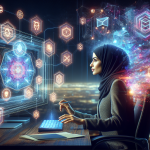 Create a detailed digital illustration of an aspiring blockchain developer in a futuristic tech office. The developer is working on multiple screens displaying blockchain codes, smart contracts, and cryptocurrency transactions. Surrounding the developer are floating holograms showcasing essential skills like coding, cryptography, smart contract creation, and decentralized applications. The background features elements of a high-tech cityscape with digital nodes connecting various blockchain networks.