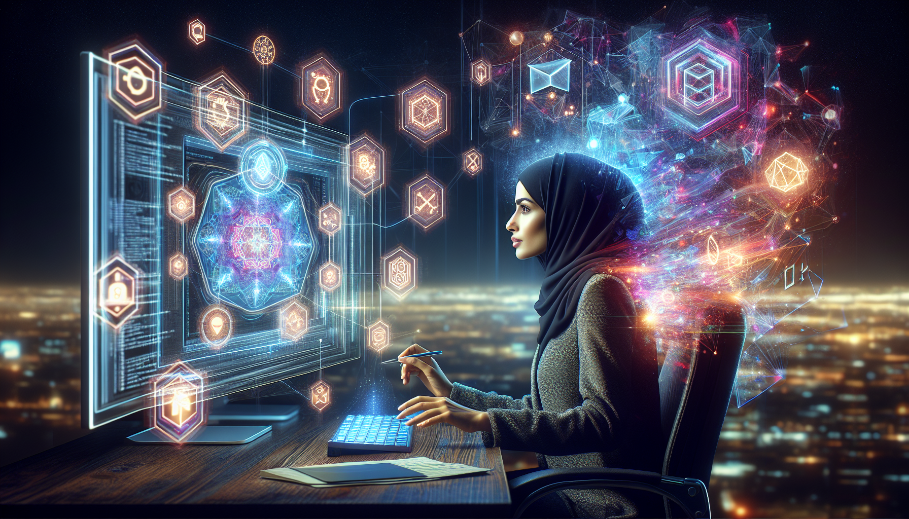 Create a detailed digital illustration of an aspiring blockchain developer in a futuristic tech office. The developer is working on multiple screens displaying blockchain codes, smart contracts, and cryptocurrency transactions. Surrounding the developer are floating holograms showcasing essential skills like coding, cryptography, smart contract creation, and decentralized applications. The background features elements of a high-tech cityscape with digital nodes connecting various blockchain networks.