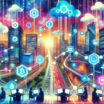 Create an imaginative scene that portrays the integration of blockchain technology in future web development. Picture a futuristic city with towering skyscrapers and neon lights, where computer code flows through the streets like rivers. In the foreground, developers are working on holographic laptops with blockchain symbols. Elements like interconnected chains, cryptographic codes, and digital ledgers are embedded in the city's infrastructure, emphasizing the fusion of blockchain with web technology. The sky is filled with abstract, floating data clouds that symbolize seamless and secure data transfers.