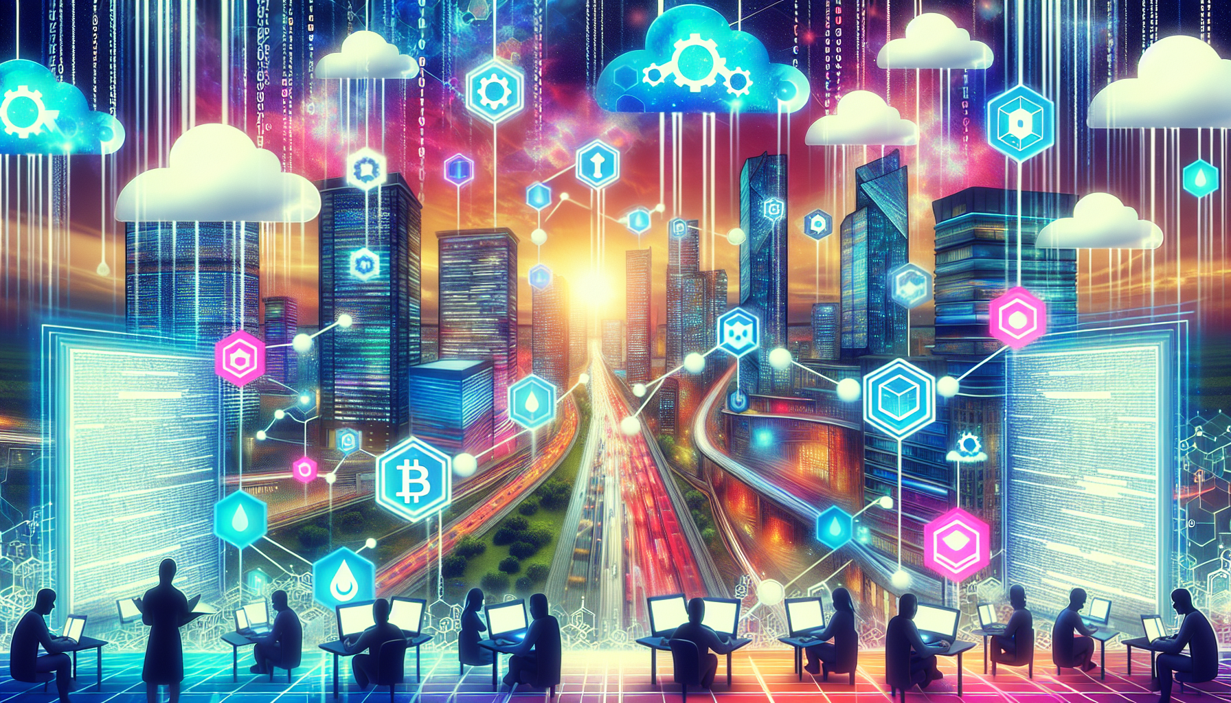 Create an imaginative scene that portrays the integration of blockchain technology in future web development. Picture a futuristic city with towering skyscrapers and neon lights, where computer code flows through the streets like rivers. In the foreground, developers are working on holographic laptops with blockchain symbols. Elements like interconnected chains, cryptographic codes, and digital ledgers are embedded in the city's infrastructure, emphasizing the fusion of blockchain with web technology. The sky is filled with abstract, floating data clouds that symbolize seamless and secure data transfers.