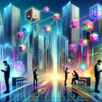 Create a futuristic scene showcasing the integration of FedNow and blockchain technology in digital payments. Illustrate a high-tech cityscape with skyscrapers adorned with holographic advertisements of leading fintech companies. In the foreground, depict diverse people using various devices like smartphones, smartwatches, and digital kiosks to make seamless transactions. Incorporate visual elements symbolizing FedNow, such as a sleek modern logo, and blockchain, represented by interconnected blocks or chains glowing with vibrant colors. The overall atmosphere should be dynamic and innovative, reflecting the cutting-edge nature of digital financial advancements.