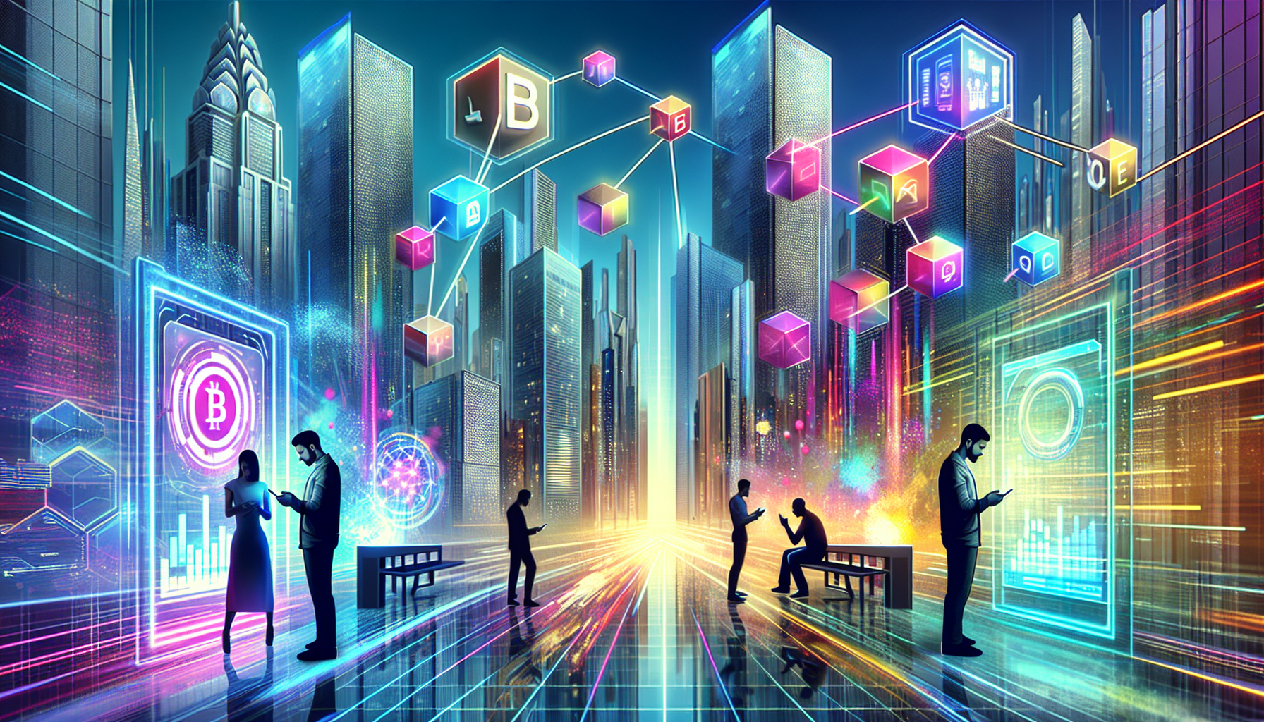 Create a futuristic scene showcasing the integration of FedNow and blockchain technology in digital payments. Illustrate a high-tech cityscape with skyscrapers adorned with holographic advertisements of leading fintech companies. In the foreground, depict diverse people using various devices like smartphones, smartwatches, and digital kiosks to make seamless transactions. Incorporate visual elements symbolizing FedNow, such as a sleek modern logo, and blockchain, represented by interconnected blocks or chains glowing with vibrant colors. The overall atmosphere should be dynamic and innovative, reflecting the cutting-edge nature of digital financial advancements.