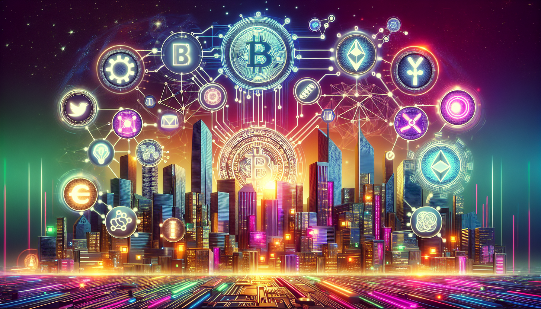 Prompt: Create a futuristic digital artwork showcasing the latest advancements in cryptocurrency technology. Include elements like blockchain chains, digital coins with innovative designs, advanced encryption codes, and smart contracts. The scene should be a blend of high-tech cityscapes with neon lights and sophisticated technology interfaces, all symbolizing the cutting-edge progress in the crypto world.