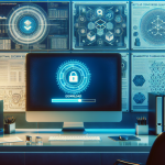 Create a detailed illustration of a modern workspace with a high-tech computer on a desk. The computer screen shows a blockchain software download in progress, accompanied by security-related icons such as a shield, padlock, and fingerprint scan. In the background, there are posters of blockchain networks and digital security measures. The setting should be professional, emphasizing a secure and tech-savvy environment.