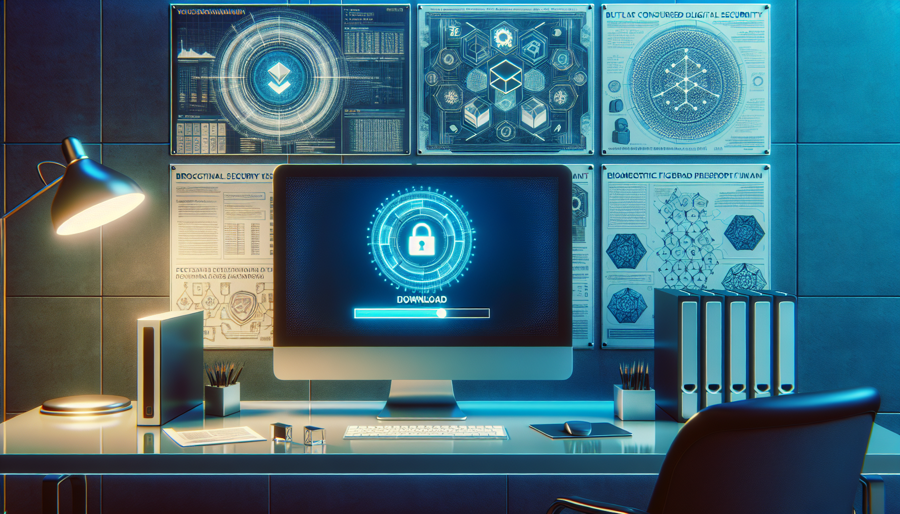 Create a detailed illustration of a modern workspace with a high-tech computer on a desk. The computer screen shows a blockchain software download in progress, accompanied by security-related icons such as a shield, padlock, and fingerprint scan. In the background, there are posters of blockchain networks and digital security measures. The setting should be professional, emphasizing a secure and tech-savvy environment.