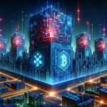 Create a detailed digital artwork that illustrates the concept of 'Quantum Computing: The Future of Cryptocurrency Security.' Depict a futuristic cityscape with towering buildings that look like quantum processors, surrounded by glowing blockchains interwoven like networks. Include elements like quantum computers protected by forcefields and digital representations of cryptocurrencies, such as Bitcoin and Ethereum, symbolizing enhanced security. Use a color palette that includes deep blues and vibrant neon lights to emphasize the advanced technology and secure atmosphere.