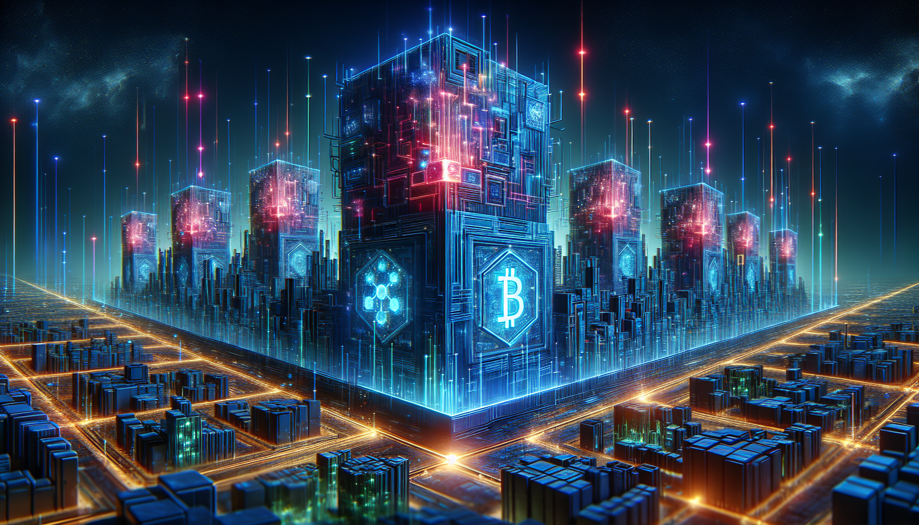 Create a detailed digital artwork that illustrates the concept of 'Quantum Computing: The Future of Cryptocurrency Security.' Depict a futuristic cityscape with towering buildings that look like quantum processors, surrounded by glowing blockchains interwoven like networks. Include elements like quantum computers protected by forcefields and digital representations of cryptocurrencies, such as Bitcoin and Ethereum, symbolizing enhanced security. Use a color palette that includes deep blues and vibrant neon lights to emphasize the advanced technology and secure atmosphere.