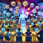 Create a digital illustration of a futuristic classroom filled with diverse students of all ages learning about blockchain technology. The teacher is an AI hologram displaying complex blockchain diagrams, and the students use advanced gadgets like VR headsets and tablets. The background features digital screens showing various online learning platforms with logos like Coursera, Udacity, and LinkedIn Learning.