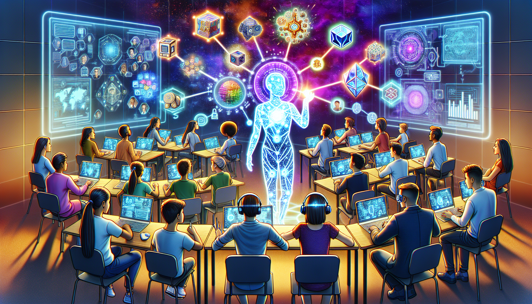 Create a digital illustration of a futuristic classroom filled with diverse students of all ages learning about blockchain technology. The teacher is an AI hologram displaying complex blockchain diagrams, and the students use advanced gadgets like VR headsets and tablets. The background features digital screens showing various online learning platforms with logos like Coursera, Udacity, and LinkedIn Learning.