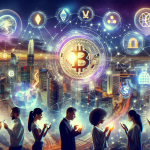 Create a futuristic scene showcasing the impact of crypto blockchain technology on the financial sector. Include holographic financial data, a digital wallet, diverse people using smartphones for transactions, and a cityscape with glowing cryptocurrency symbols in the skyline. Emphasize connectivity, innovation, and a tech-driven financial ecosystem.