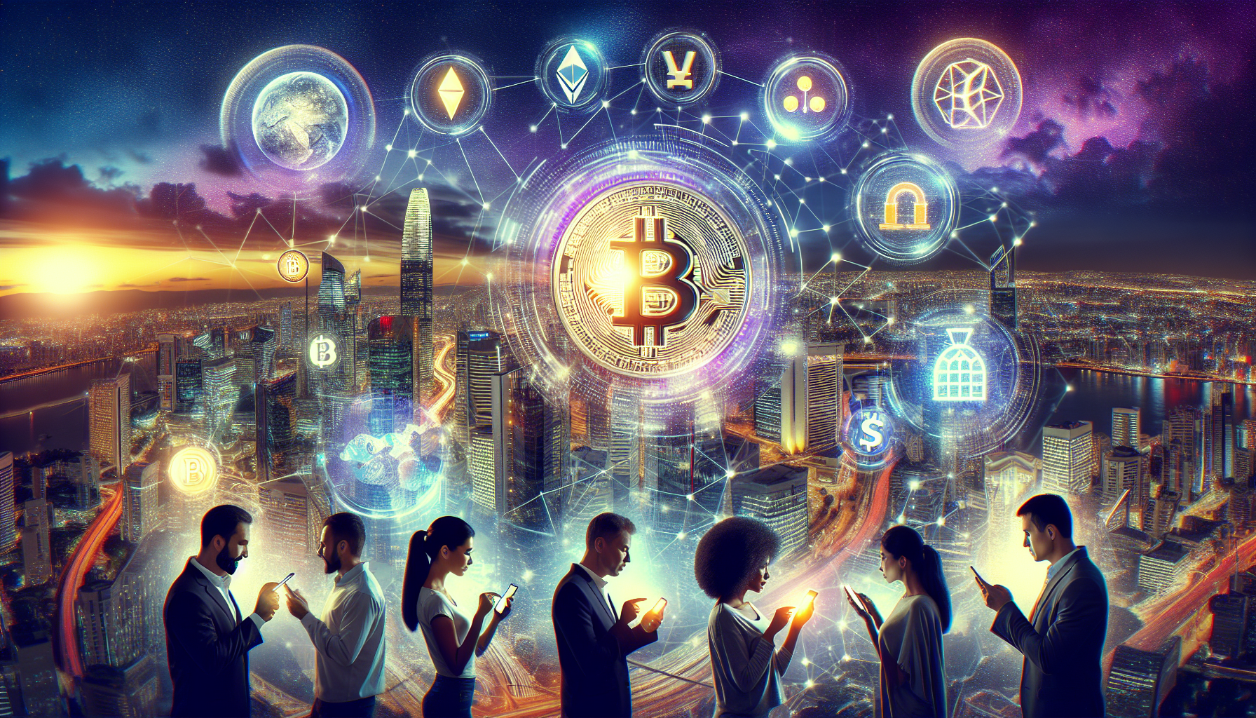 Create a futuristic scene showcasing the impact of crypto blockchain technology on the financial sector. Include holographic financial data, a digital wallet, diverse people using smartphones for transactions, and a cityscape with glowing cryptocurrency symbols in the skyline. Emphasize connectivity, innovation, and a tech-driven financial ecosystem.