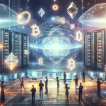 Create an image illustrating the concept of the future of finance by combining elements of quantum computing and cryptocurrency. The scene should depict a futuristic cityscape with holographic digital currencies floating in the foreground. In the background, towering quantum computers emit soft, luminous light. Include people interacting with these holograms using advanced gadgets, highlighting the seamless integration of cutting-edge technology in everyday financial transactions. Use a color palette that blends metallic, neon hues with dark, sophisticated tones to evoke a high-tech, futuristic atmosphere.