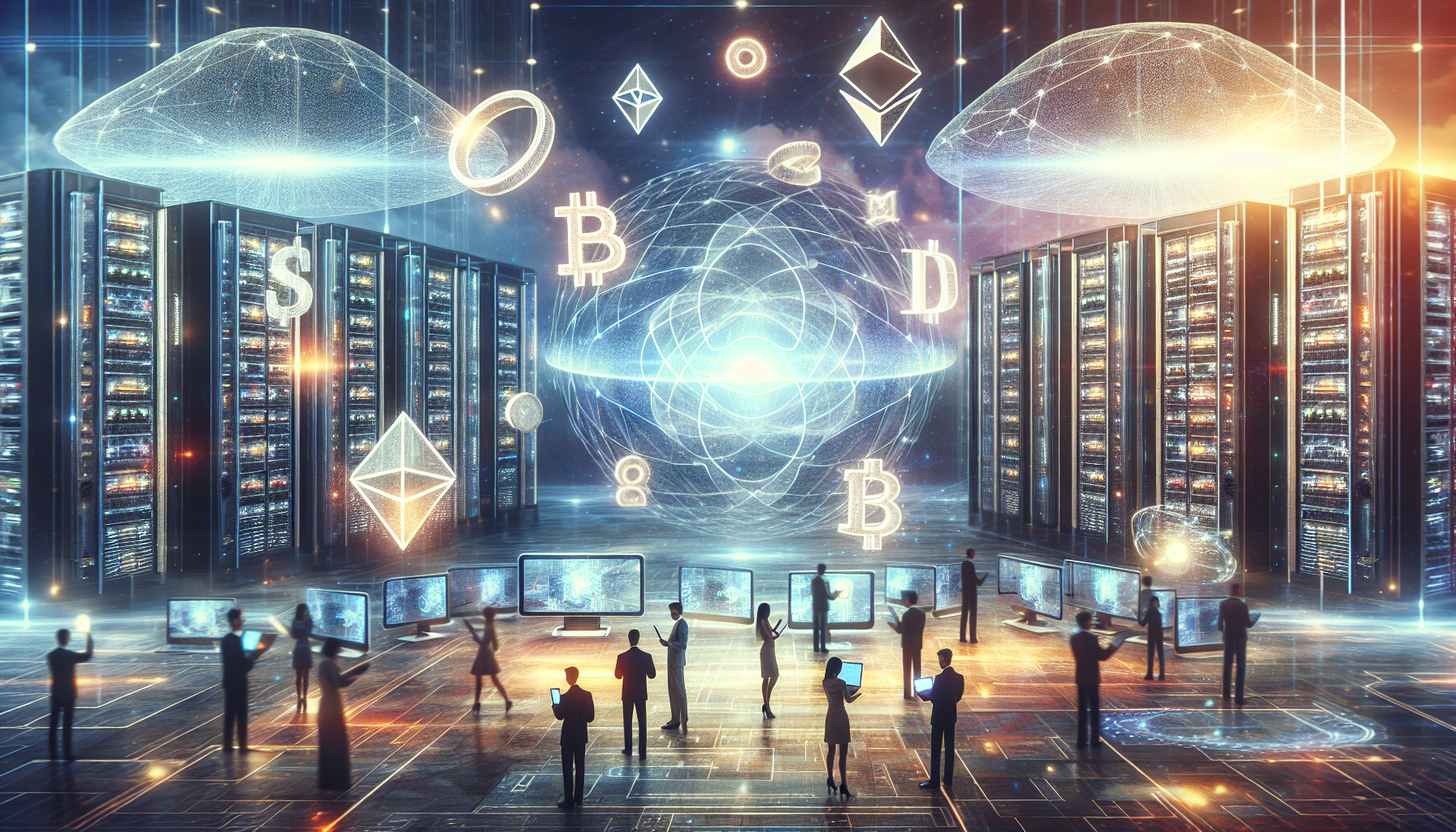 Create an image illustrating the concept of the future of finance by combining elements of quantum computing and cryptocurrency. The scene should depict a futuristic cityscape with holographic digital currencies floating in the foreground. In the background, towering quantum computers emit soft, luminous light. Include people interacting with these holograms using advanced gadgets, highlighting the seamless integration of cutting-edge technology in everyday financial transactions. Use a color palette that blends metallic, neon hues with dark, sophisticated tones to evoke a high-tech, futuristic atmosphere.