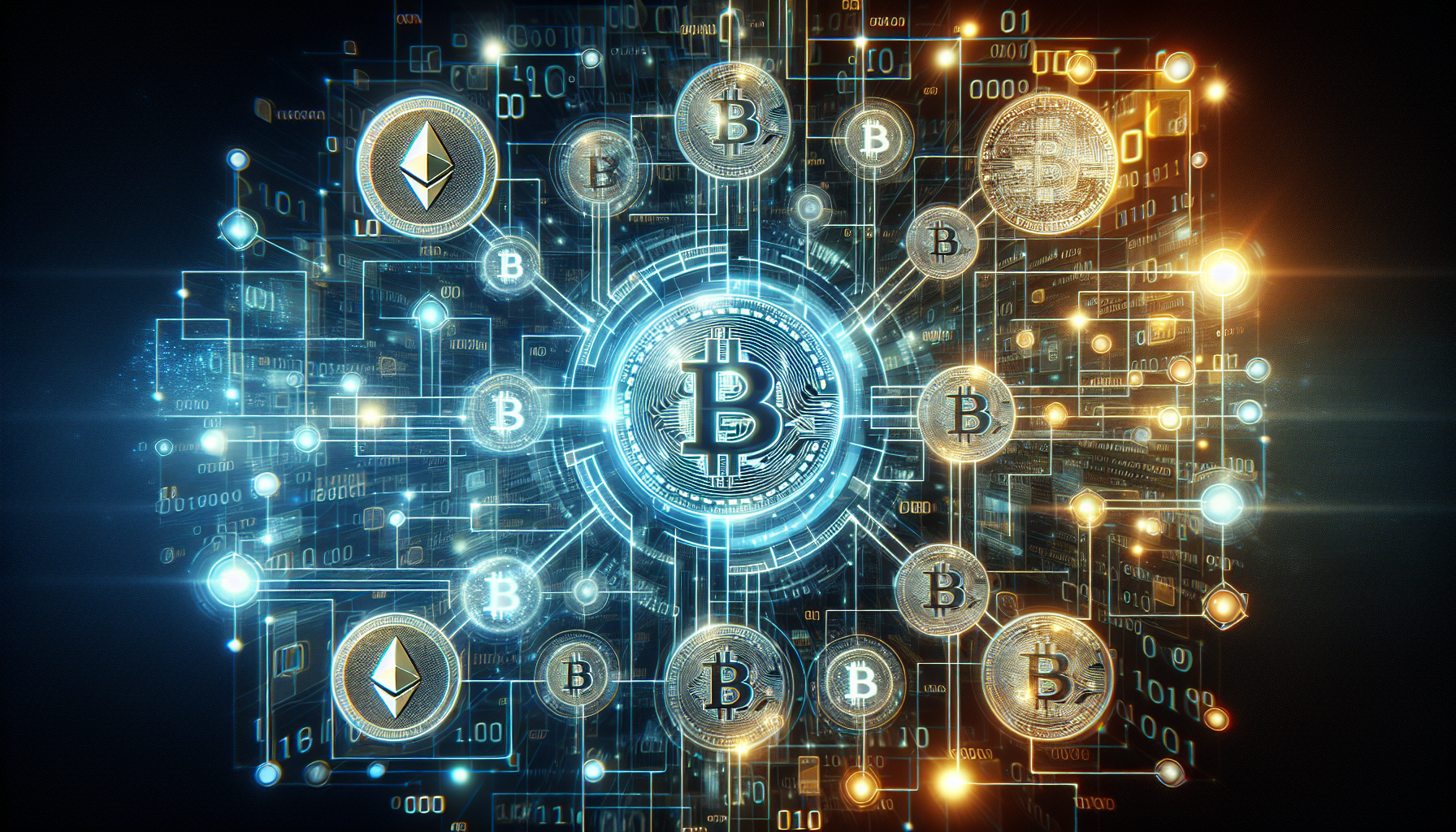 Create an image depicting the concept of cryptocurrency technology, featuring a diverse group of digital coins like Bitcoin, Ethereum, and others seamlessly integrated with blockchain elements. Show a futuristic background with a network of interconnected nodes, digital ledgers, and glowing binary code. Highlight innovation through digital elements, enhancing the sense of transparency and security within the financial system.