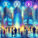 Create an image featuring a futuristic city landscape where different buildings represent major blockchain payment processing companies. The buildings should have digital billboards displaying logos like Ripple, BitPay, Coinbase, and Circle. In the foreground, diverse people are completing transactions with their smart devices, showcasing secure and instant payments. The entire scene should be illuminated by a vibrant, tech-savvy atmosphere with holographic interfaces and digital currency symbols visible in the air.