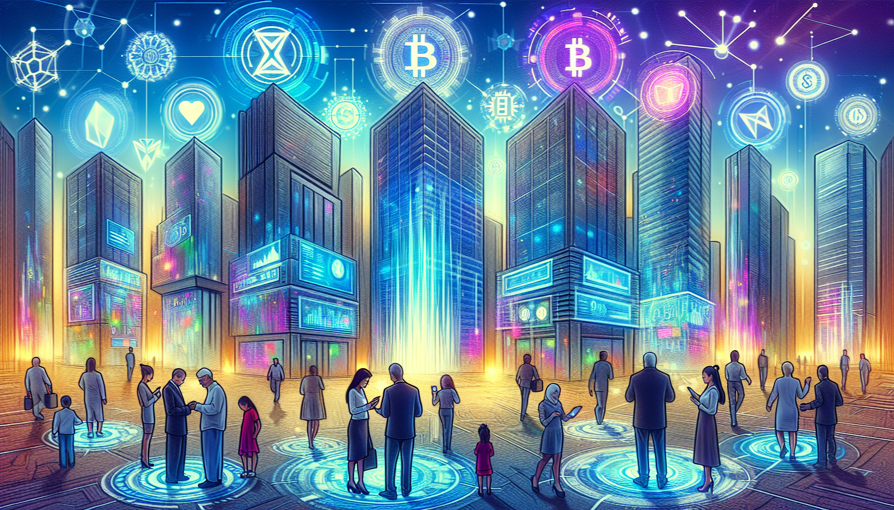 Create an image featuring a futuristic city landscape where different buildings represent major blockchain payment processing companies. The buildings should have digital billboards displaying logos like Ripple, BitPay, Coinbase, and Circle. In the foreground, diverse people are completing transactions with their smart devices, showcasing secure and instant payments. The entire scene should be illuminated by a vibrant, tech-savvy atmosphere with holographic interfaces and digital currency symbols visible in the air.