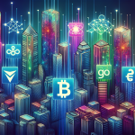 Illustration of a futuristic cityscape with tall buildings displaying holographic logos of various programming languages such as Solidity, JavaScript, Python, and Go, each integrated with blockchain elements like interconnected chains, Bitcoin symbols, and smart contracts.