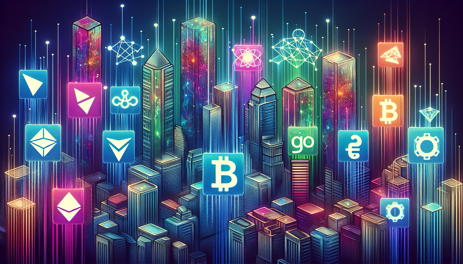 Illustration of a futuristic cityscape with tall buildings displaying holographic logos of various programming languages such as Solidity, JavaScript, Python, and Go, each integrated with blockchain elements like interconnected chains, Bitcoin symbols, and smart contracts.