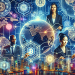 Create an image depicting the future of cross-border payments transformed by blockchain technology. Show a digital network of interconnected global financial hubs with seamless data flow, represented by glowing circuits and blockchain icons. People from diverse cultural backgrounds interact with holographic screens showing real-time transactions in multiple currencies. The background features iconic landmarks from various countries, emphasizing global connectivity.