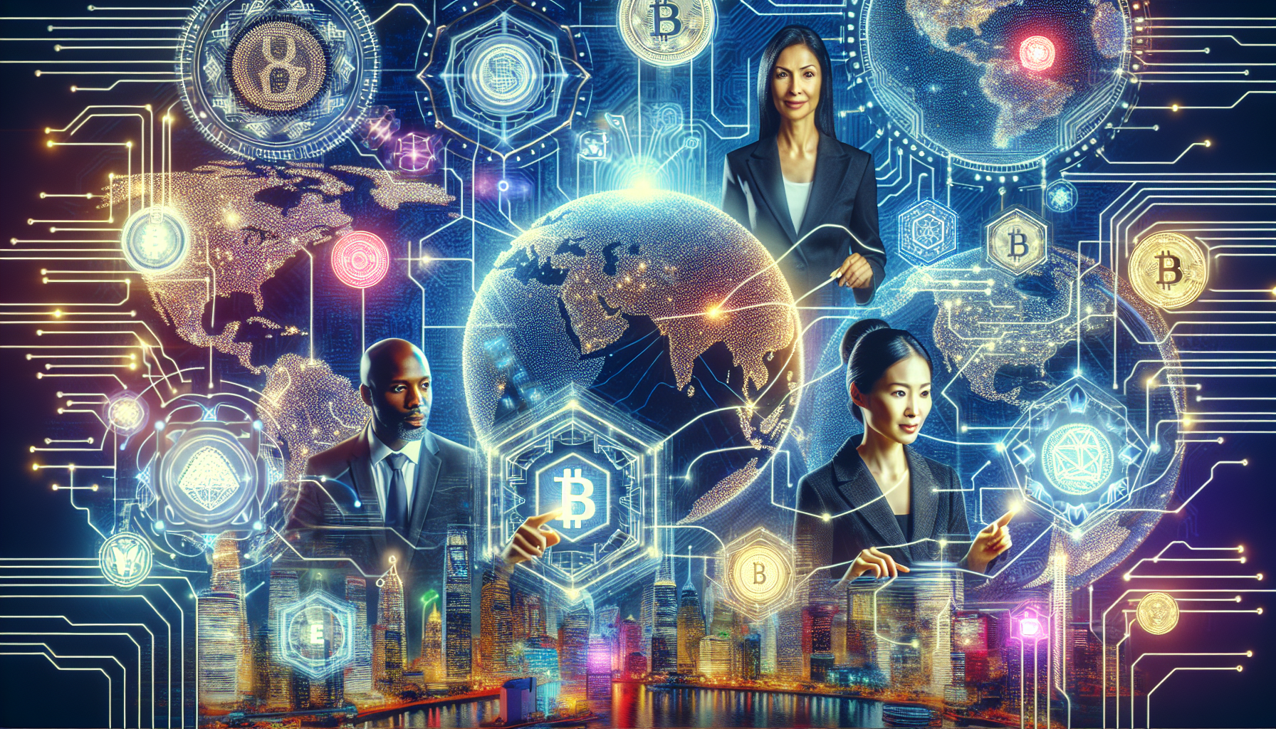 Create an image depicting the future of cross-border payments transformed by blockchain technology. Show a digital network of interconnected global financial hubs with seamless data flow, represented by glowing circuits and blockchain icons. People from diverse cultural backgrounds interact with holographic screens showing real-time transactions in multiple currencies. The background features iconic landmarks from various countries, emphasizing global connectivity.