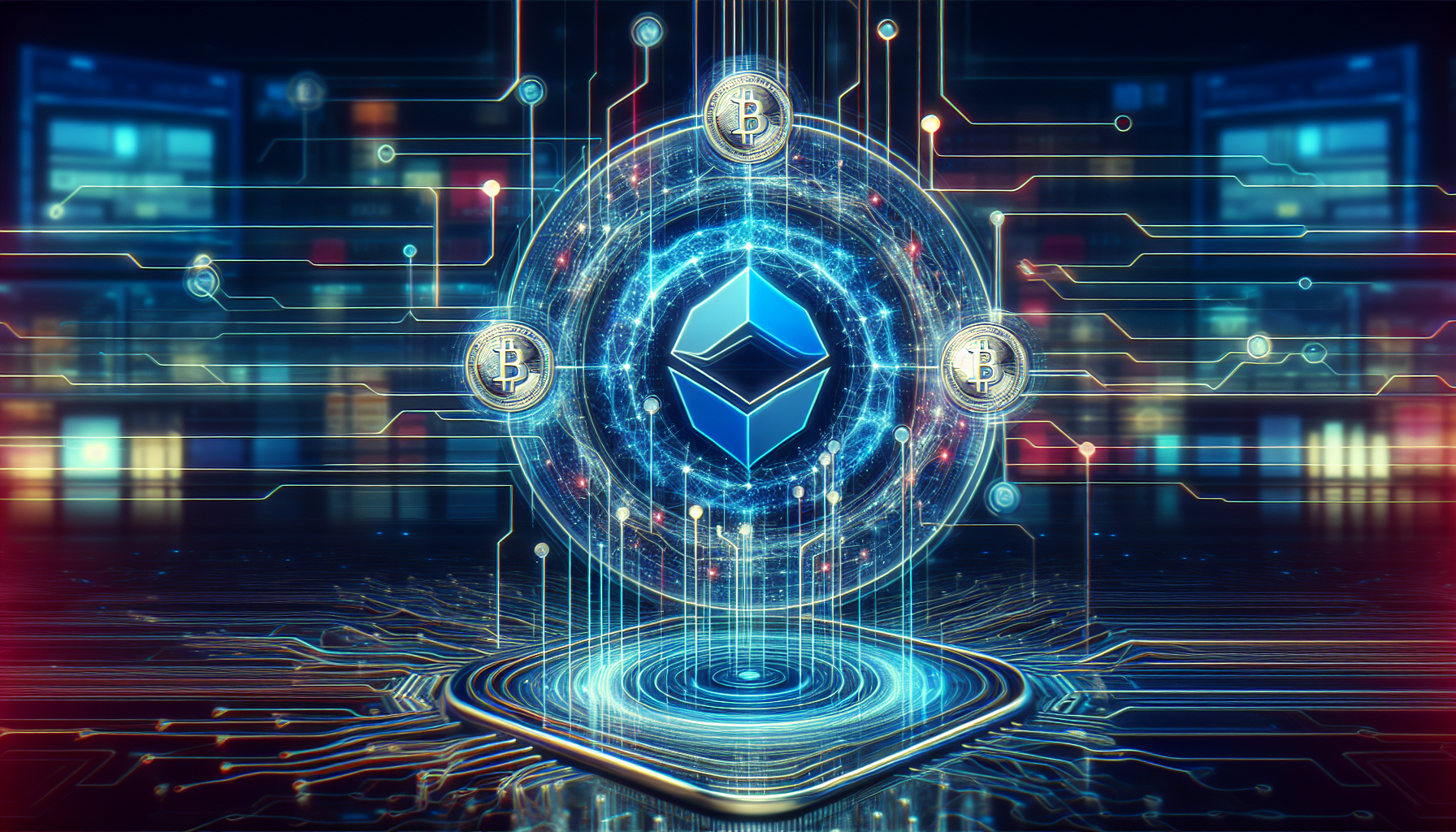 Create an image depicting a futuristic and intricate digital network that represents blockchain technology. Central to the image, include the Ripple logo seamlessly integrated within interconnected digital nodes and currency symbols. The background should have a sleek, high-tech aesthetic with a deep blue color palette, symbolizing advanced technology and sophistication. Add subtle highlights and reflections to give the image depth and a dynamic feel.