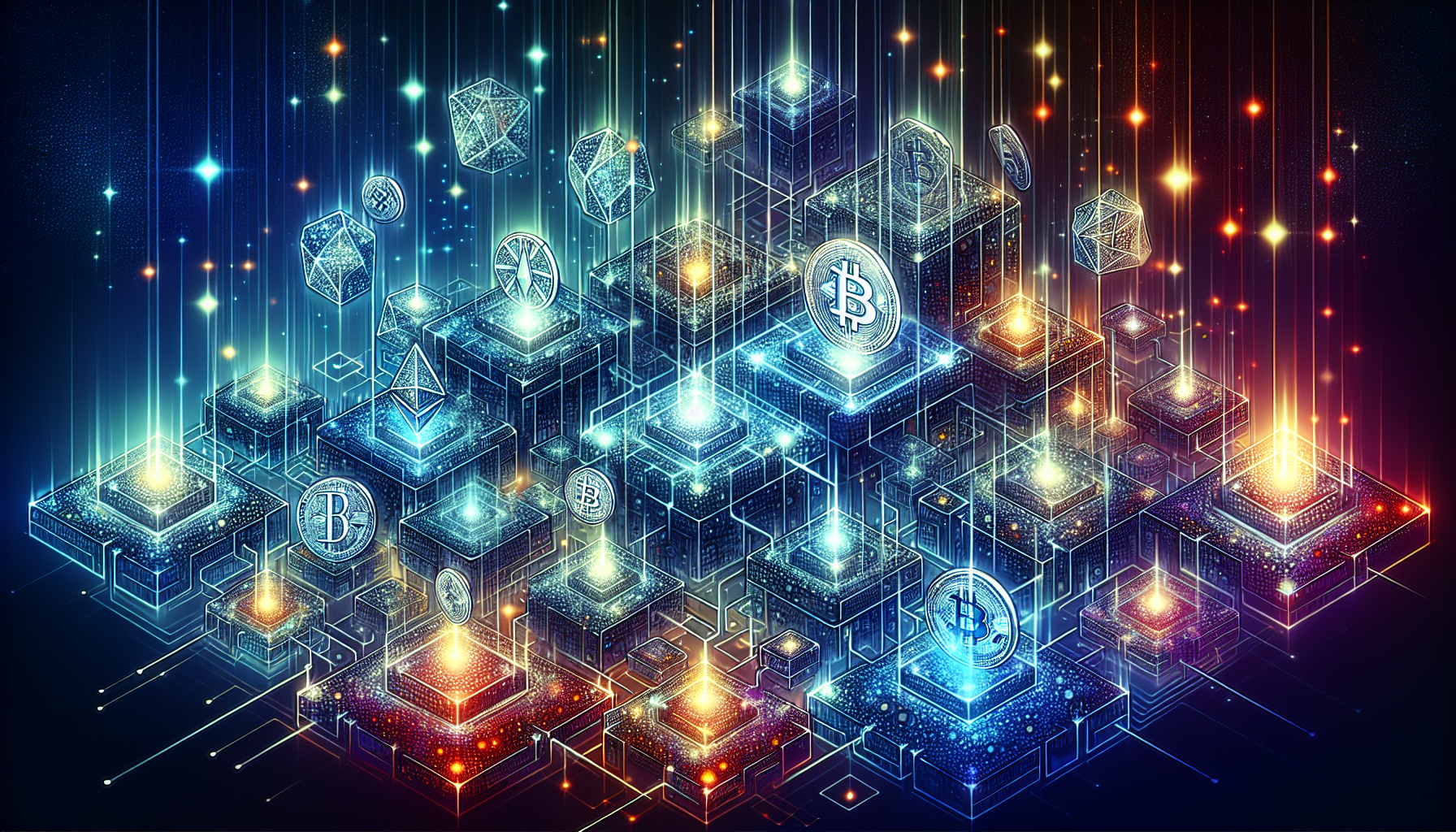 Create an image showing the blockchain technology impacting the cryptocurrency landscape: a glowing network of interconnected blocks representing blockchain, with symbolic coins of various cryptocurrencies like Bitcoin, Ethereum, and others emerging from the network. The image should have a futuristic and digital feel, with a blend of blue and metallic colors to emphasize the advanced technology and its influence on the financial world.