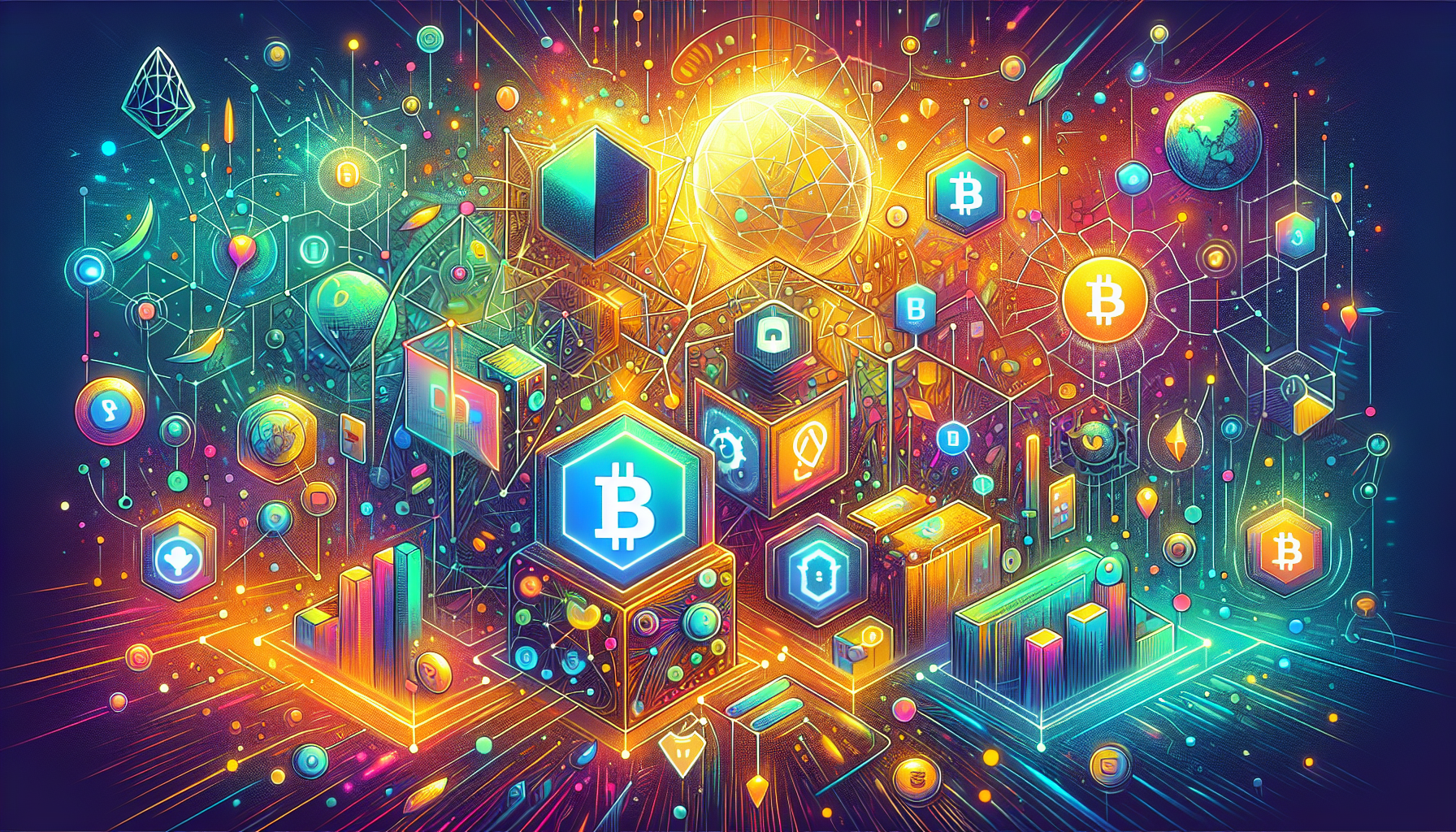 Create an illustration depicting the concept of Web3 in the context of cryptocurrency. Show a blend of decentralized blockchain networks, smart contracts, and digital wallets connected through nodes, symbolizing a user-centric internet. Use vibrant, futuristic colors and incorporate elements like lock-and-key symbols for security, and Ethereum or Bitcoin logos to represent decentralized finance. The background can be a digital world with interconnected data streams and abstract representations of decentralized applications (dApps).