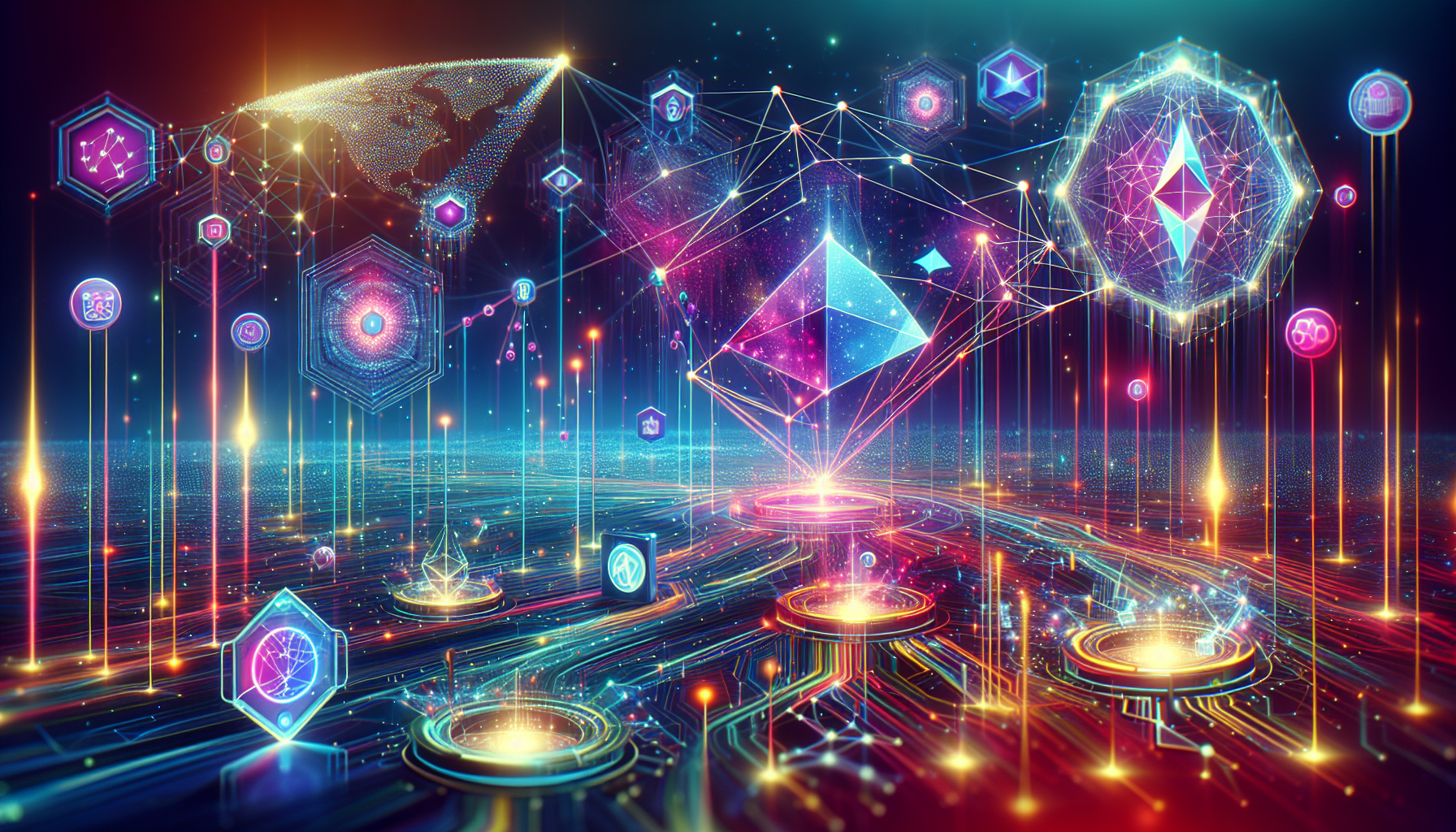 Create an image showing a futuristic digital landscape where multiple interconnected blockchains form a complex network. In the center, illustrate the Polkadot logo prominently, with data streams flowing seamlessly between different blockchains. Incorporate elements like nodes, validators, and parachains to highlight Polkadot's architecture, and use vibrant colors to represent the dynamic and innovative nature of blockchain technology.