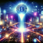 Create an image that portrays the concept of blockchain tokens rising in prominence. The scene should feature a digital, futuristic cityscape with luminous buildings and interconnected pathways symbolizing blockchain networks. At the center, depict a glowing token representing cryptocurrency or blockchain tokens, ascending into the sky, emitting a radiant light. Surrounding the token, include subtle graphical elements like binary code, cryptographic symbols, and smaller tokens to signify its increasing impact and integration into the digital economy.