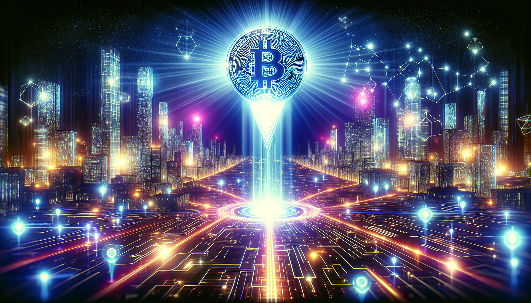 Create an image that portrays the concept of blockchain tokens rising in prominence. The scene should feature a digital, futuristic cityscape with luminous buildings and interconnected pathways symbolizing blockchain networks. At the center, depict a glowing token representing cryptocurrency or blockchain tokens, ascending into the sky, emitting a radiant light. Surrounding the token, include subtle graphical elements like binary code, cryptographic symbols, and smaller tokens to signify its increasing impact and integration into the digital economy.