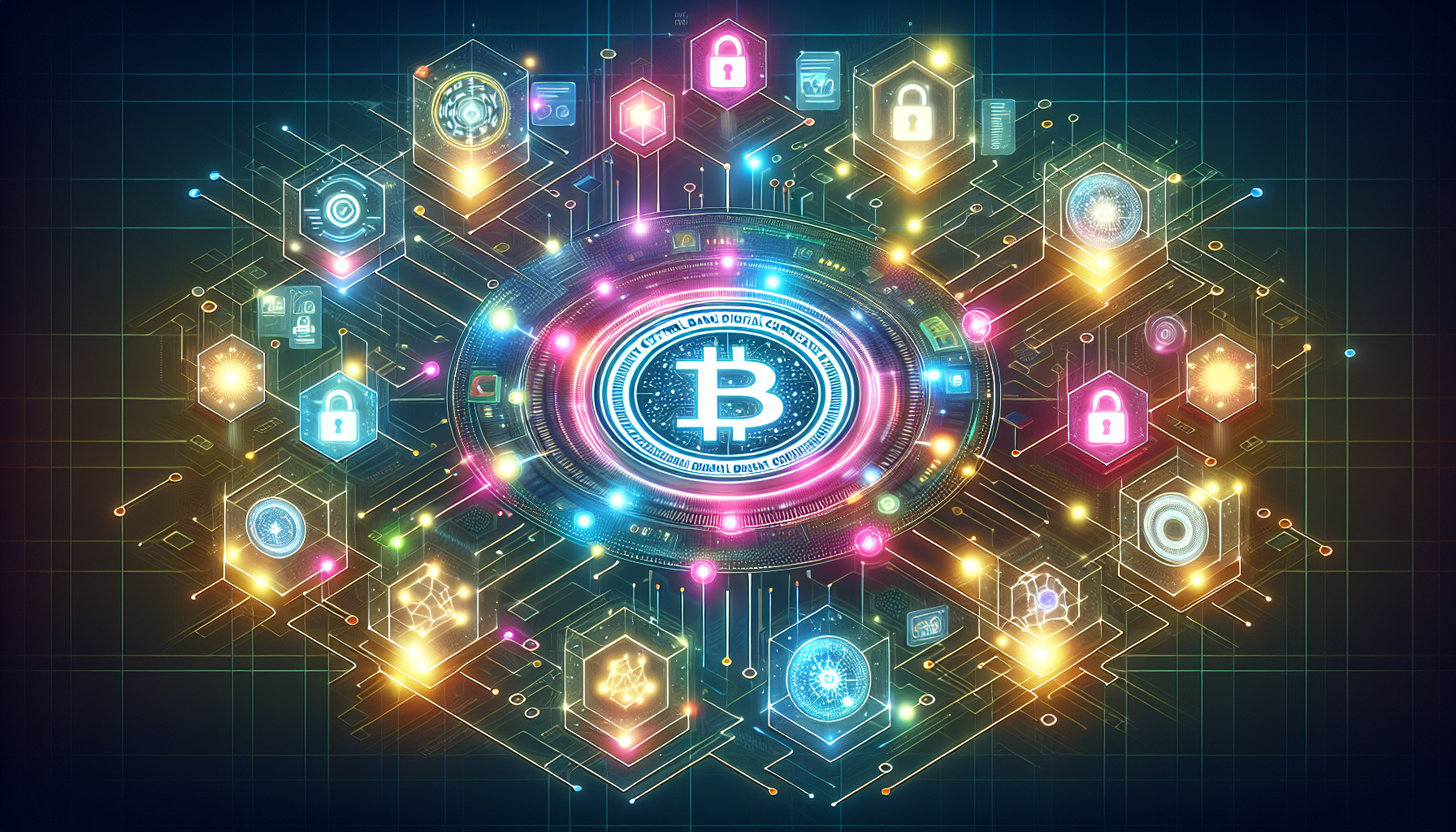 Create an illustration showcasing the concept of Central Bank Digital Currency (CBDC) on a blockchain with futuristic elements. The image should feature glowing, interconnected digital nodes forming a secure, transparent network. In the center, depict a digital coin symbolizing a government-backed currency. Surround this with abstract representations of financial transactions, data streams, and security locks, all set against a sleek, high-tech background. Convey a sense of innovation, efficiency, and trust in the digital economy landscape.