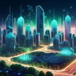 Create a futuristic cityscape that embodies the theme of blockchain technology. Incorporate digital elements like glowing blockchain nodes, interconnected networks, and virtual currency symbols integrated into the architecture. Include diverse people interacting with advanced technology, such as holograms and digital wallets, showcasing the transformative impact of blockchain on everyday life. The skyline should be vibrant and filled with greenery, symbolizing sustainability and innovation, with a clear blue sky representing a bright future.