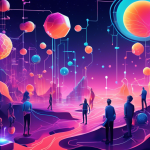 Create an imaginative and futuristic illustration of the Anoma Blockchain concept, showcasing a vibrant digital landscape filled with interconnected nodes and blockchain structures. Include abstract representations of decentralized technology, such as secure data clusters, cryptographic symbols, and users interacting in a virtual environment. The scene should convey a sense of innovation and collaboration, featuring a diverse group of people engaging with the technology, all set against a backdrop of a glowing, high-tech city skyline.